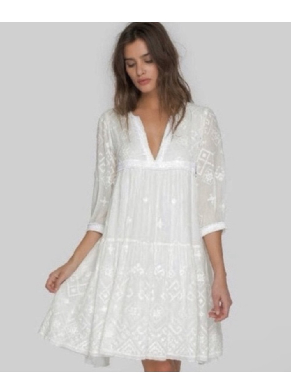 Johnny Was Ivory Embroidered V-Neck Mini Dress